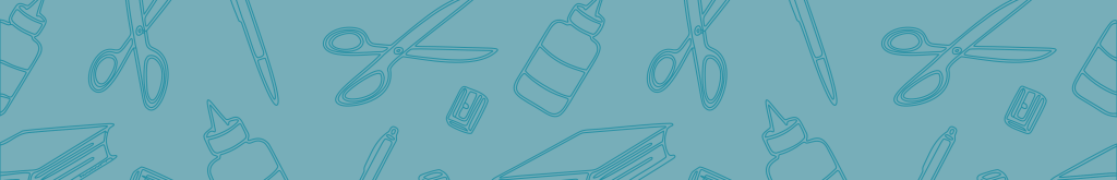 Decorative line illustration of school supplies in teal.