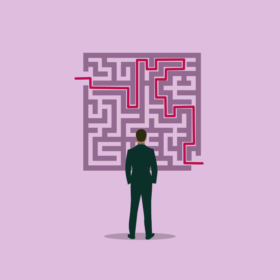 Simple illustration of a man looking forward at a maze. There is a path highlighted that enters and exits the maze.