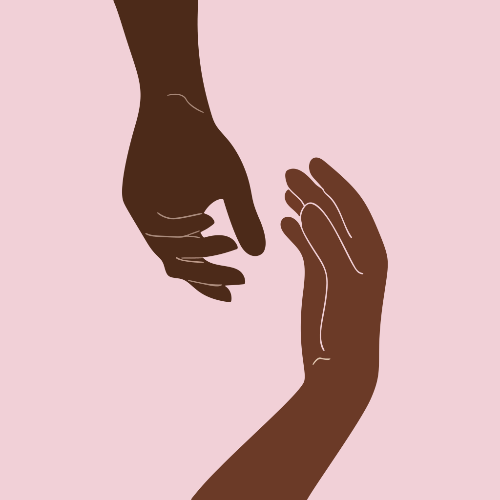 Simplistic illustration of two hands with different complexions reaching from the top and bottom of the image as if they are going to grab one another's hand.