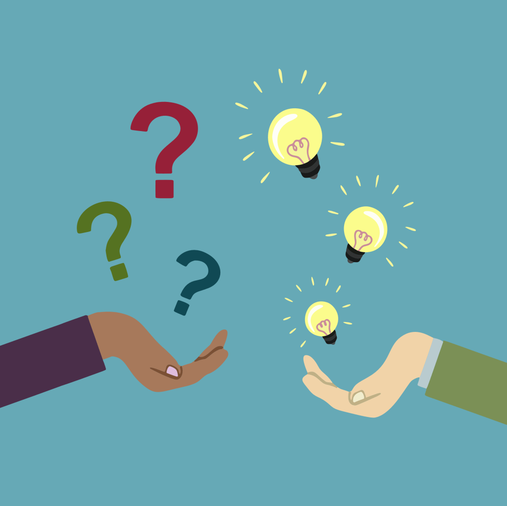 Simple illustration of two different hands reaching from the left and right. The hand on the left holds question marks. The hand from the right holds illuminated light bulbs.