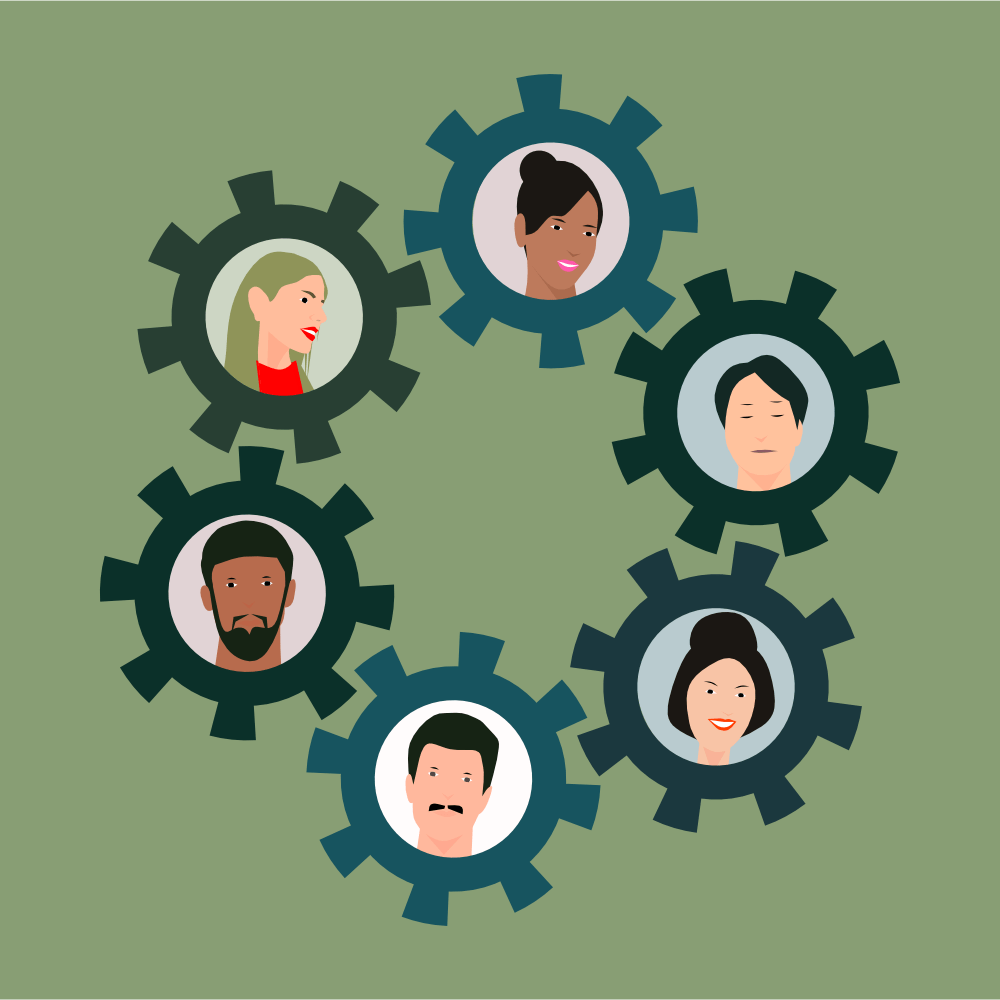 Illustration of six different simplified faces of different people in the center of gears. The six gears are arranged in a circle with a green background.