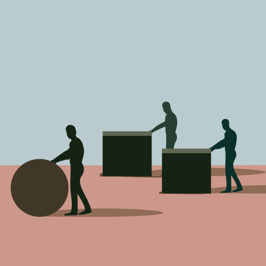 Illustration of three simple silhouettes, one person pushes a large sphere and two other people are struggling to push large boxes. 